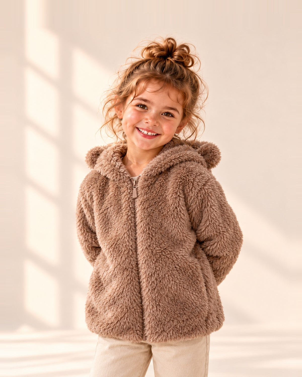Girl smiling in the Goldie brown faux fur jacket with bear ears – Brown
