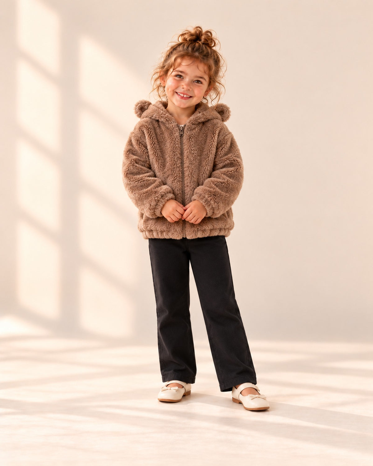 Front view of the bear ear faux fur zip jacket, full length – Brown