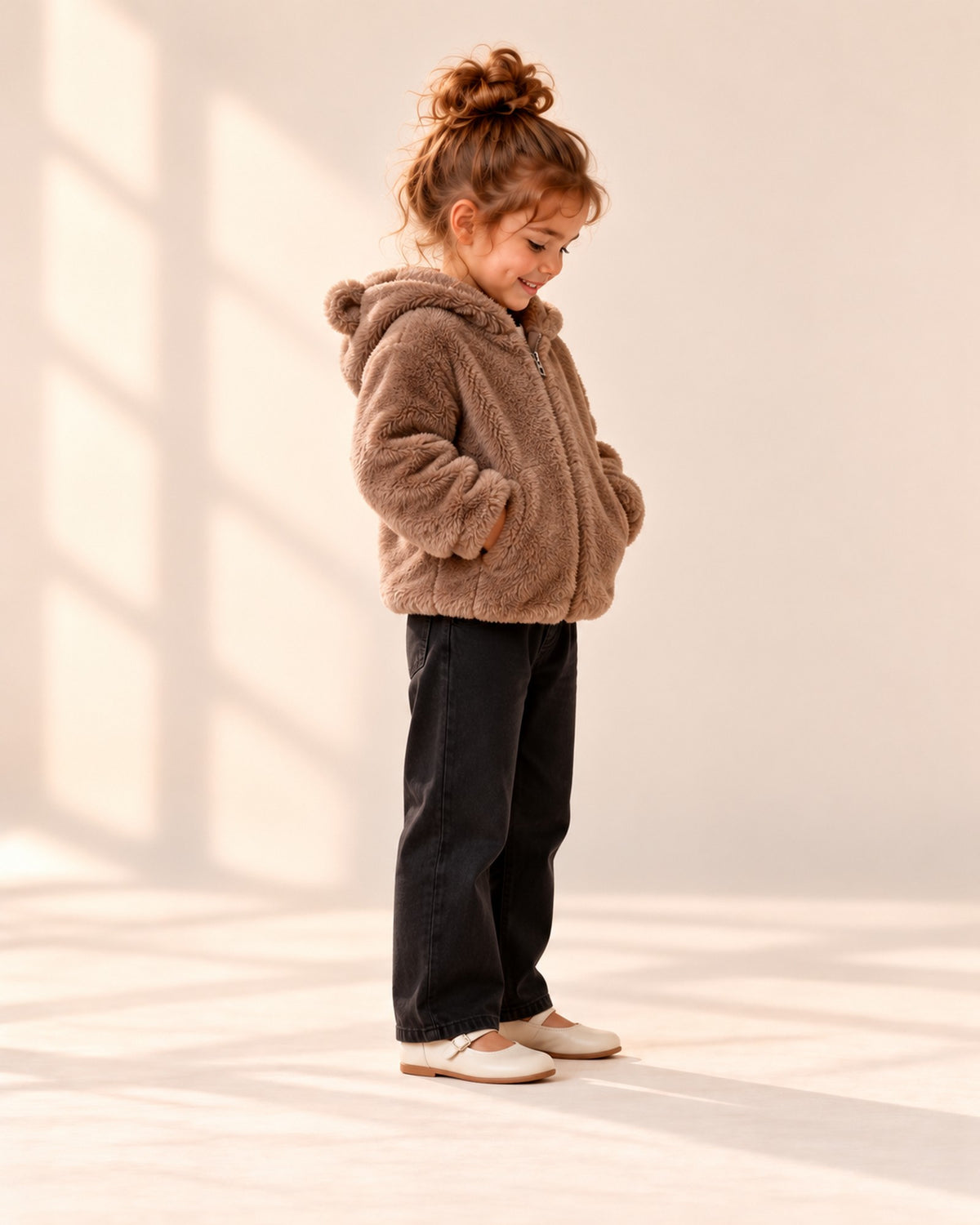 Side view showing the bear-ear hood and side pocket – Brown