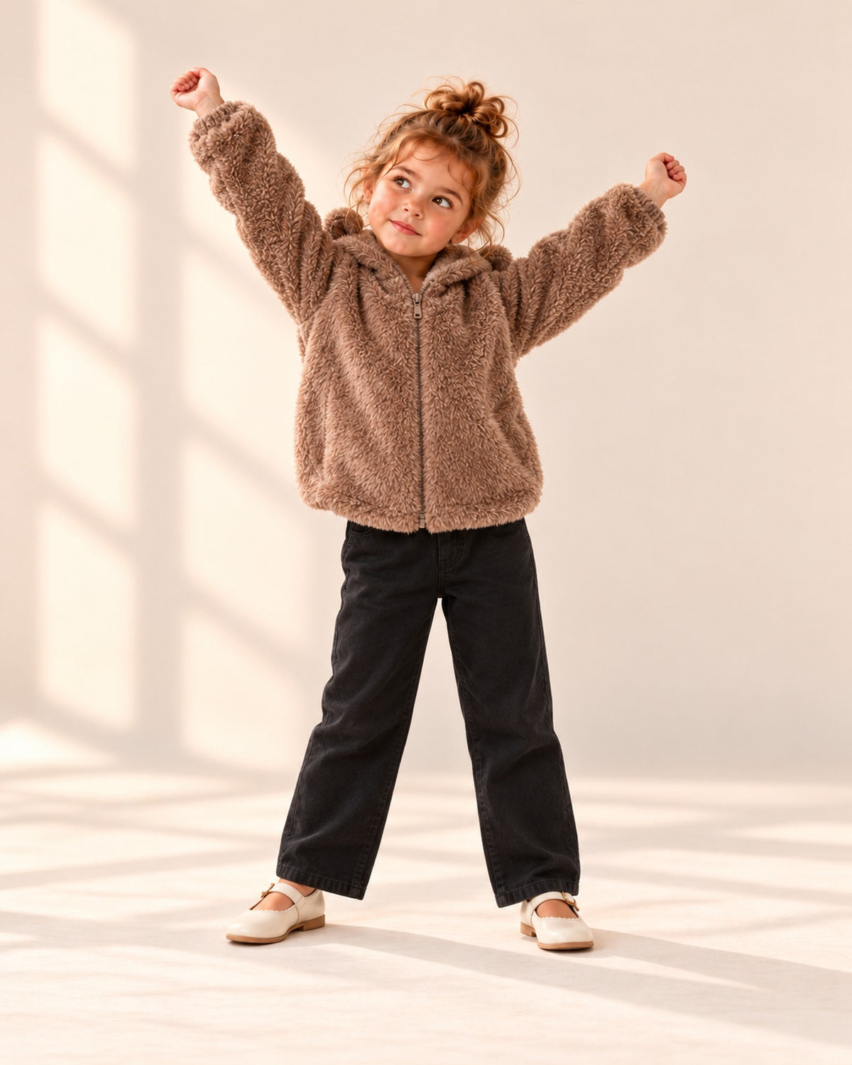 Girl with arms raised in the fluffy brown bear ear jacket – Brown