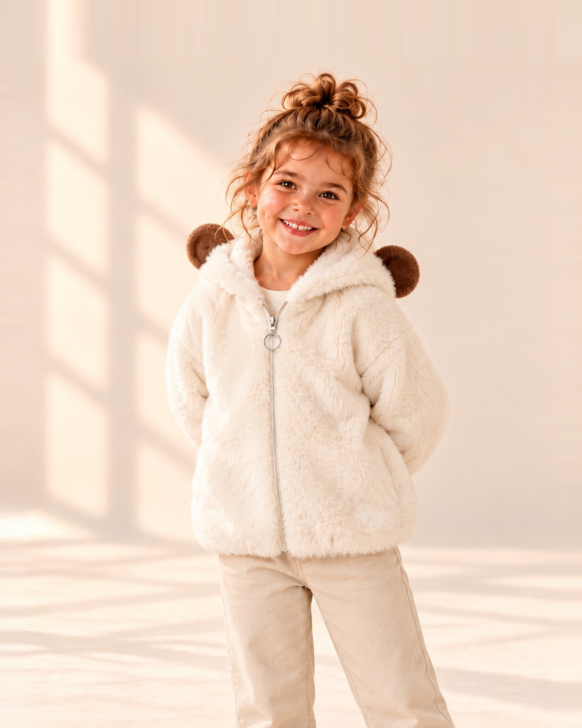 Goldie Bear Ear Faux Fur Jacket in Cream – main
