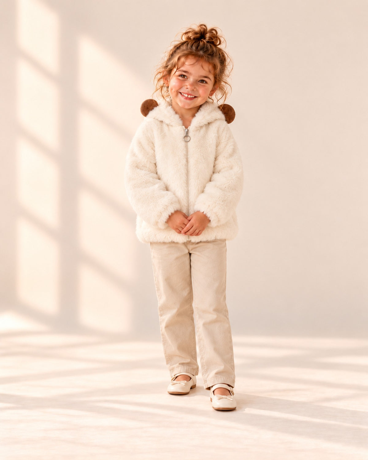 Goldie Bear Ear Faux Fur Jacket in Cream – full front view