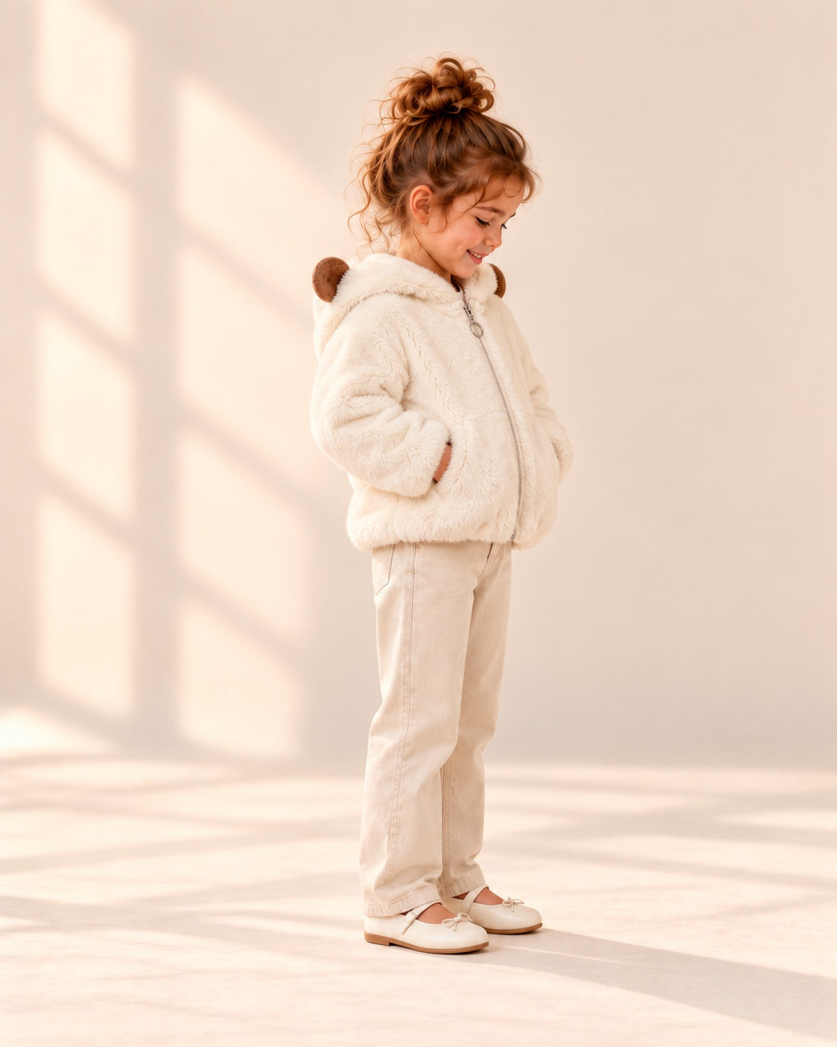 Goldie Bear Ear Faux Fur Jacket in Cream – side view