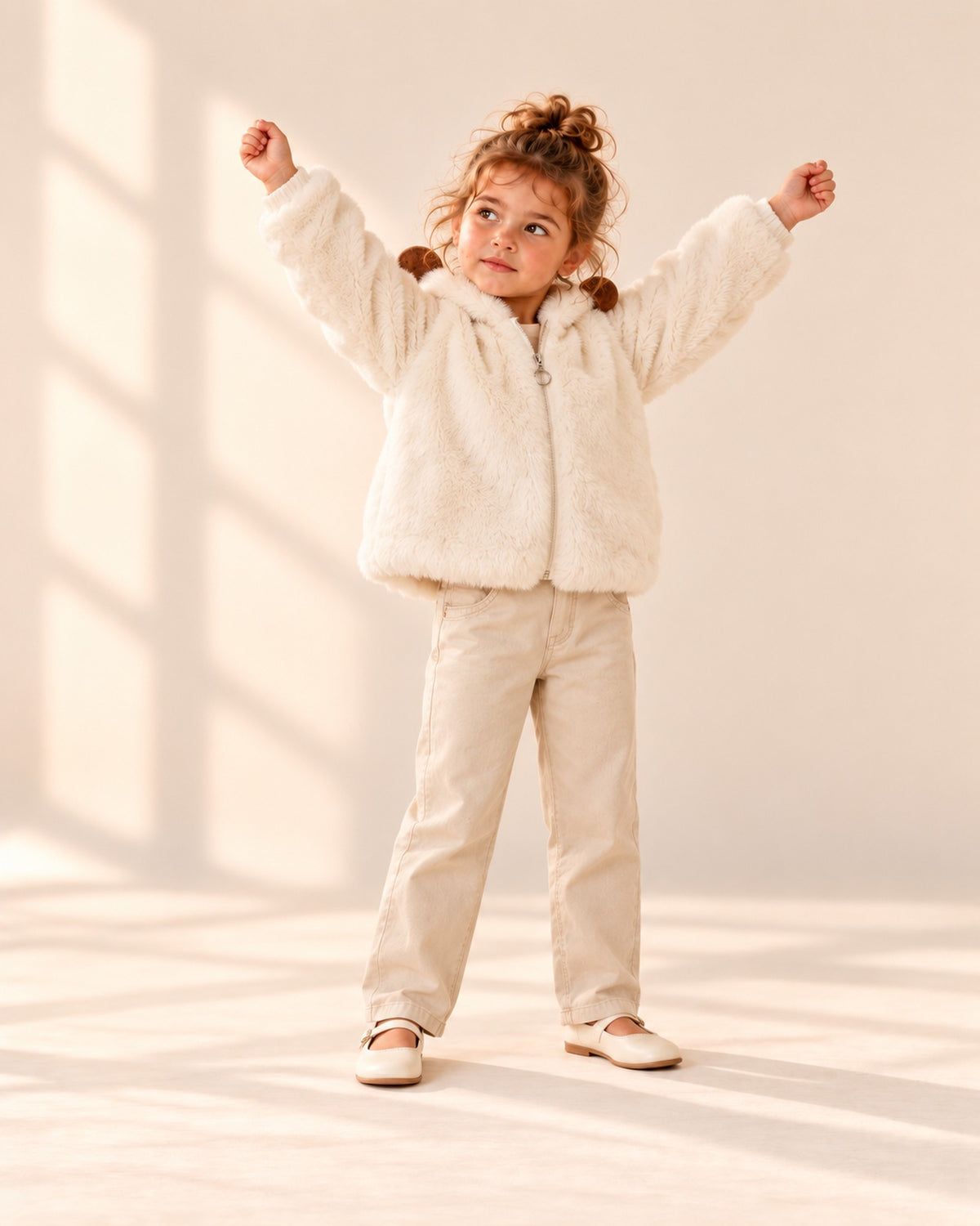 Goldie Bear Ear Faux Fur Jacket in Cream – natural pose