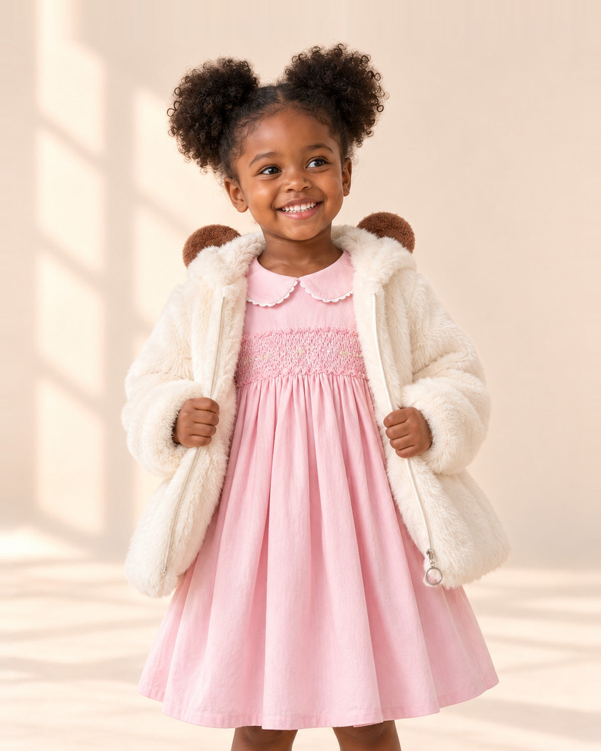 Close-up of the cream faux fur hood with two round brown bear ears – Cream