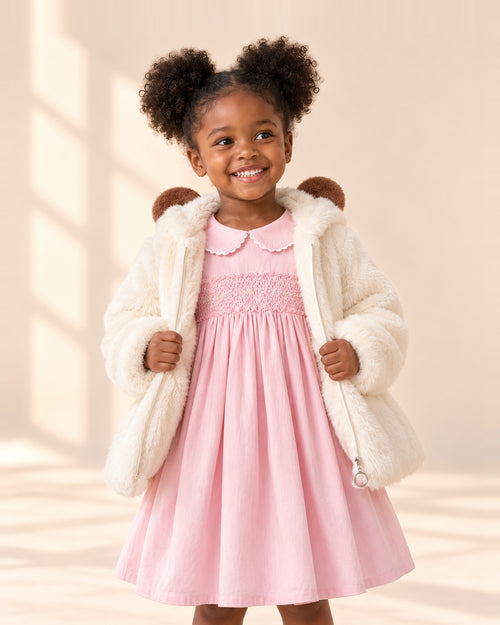 Close-up of the cream faux fur hood with two round brown bear ears – Cream