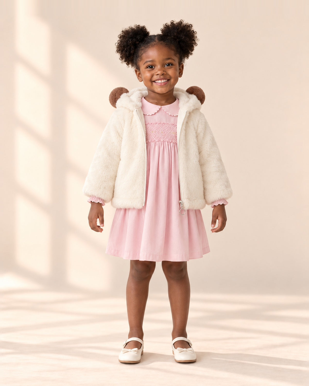 Front view of a girl in the cream bear ear coat worn open over a pink smocked dress, full length – Cream
