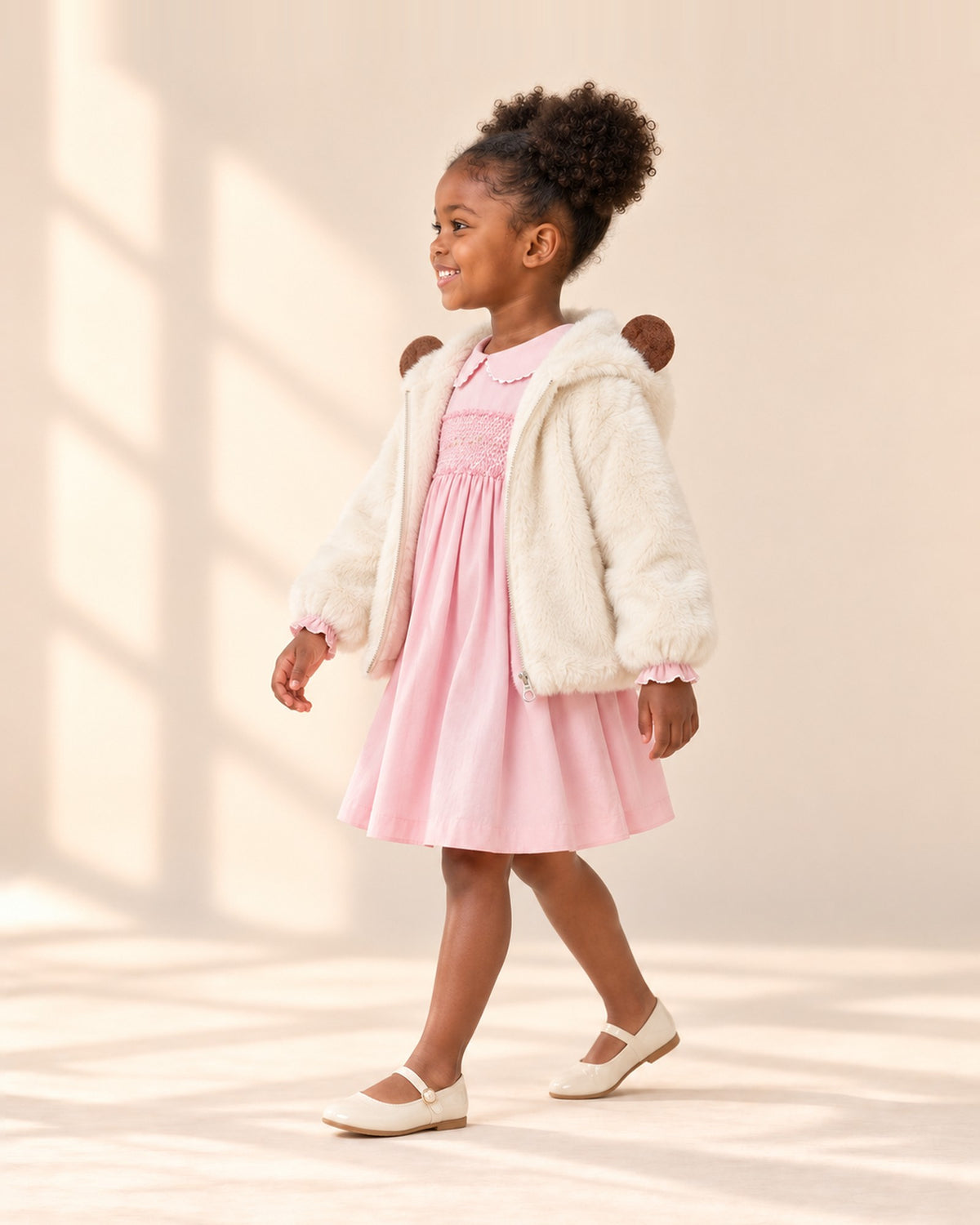 Side view of the fluffy cream coat showing its swingy shape and hood – Cream