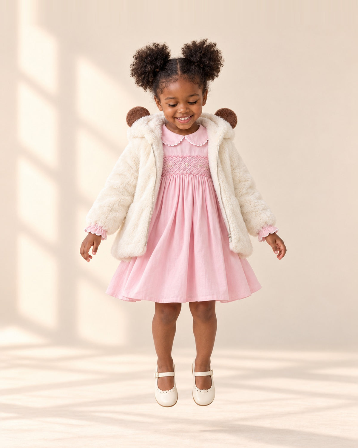 Girl turning with the hood up on the cream teddy coat – Cream