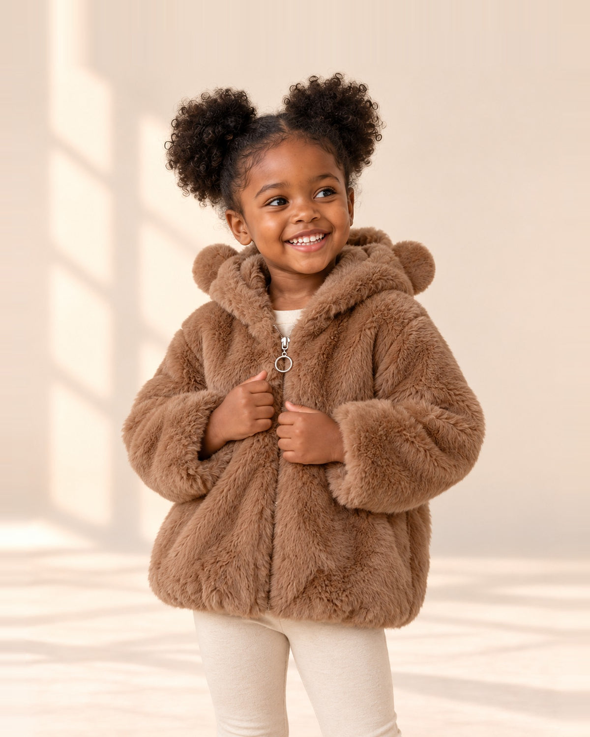 Bella Teddy Bear Ear Hooded Coat in Camel – main