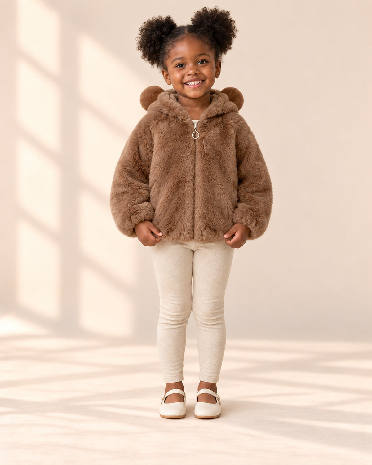 Bella Teddy Bear Ear Hooded Coat in Camel – full front view