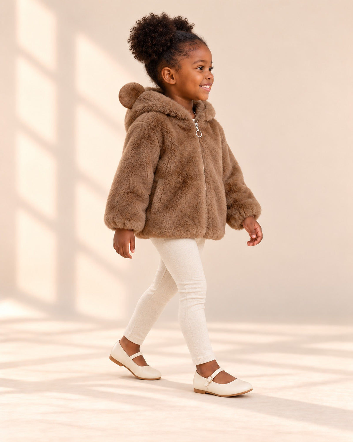 Bella Teddy Bear Ear Hooded Coat in Camel – side view