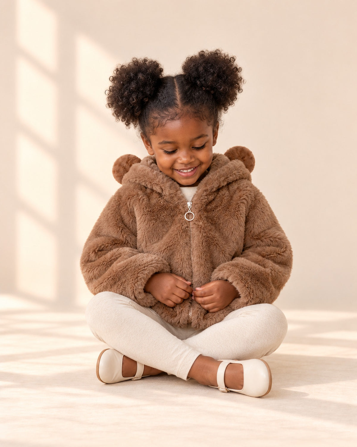 Bella Teddy Bear Ear Hooded Coat in Camel – natural pose