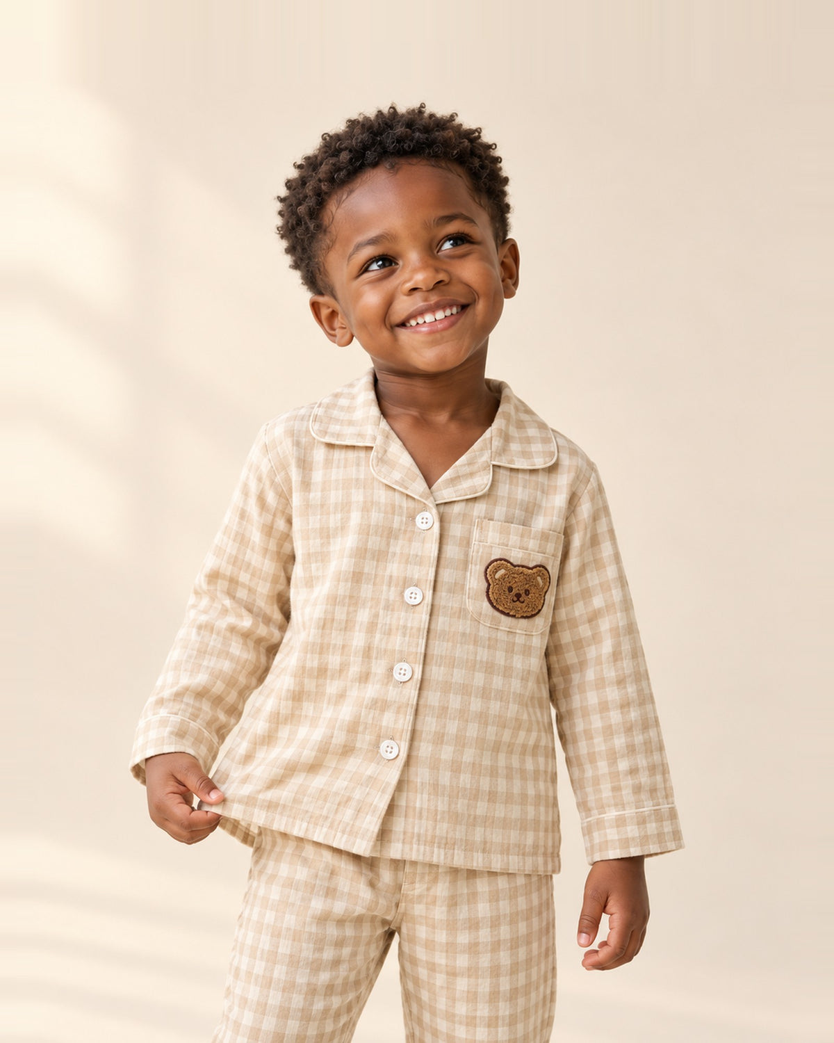 Gingham Teddy Patch Pajamas – main – Beige Gingham