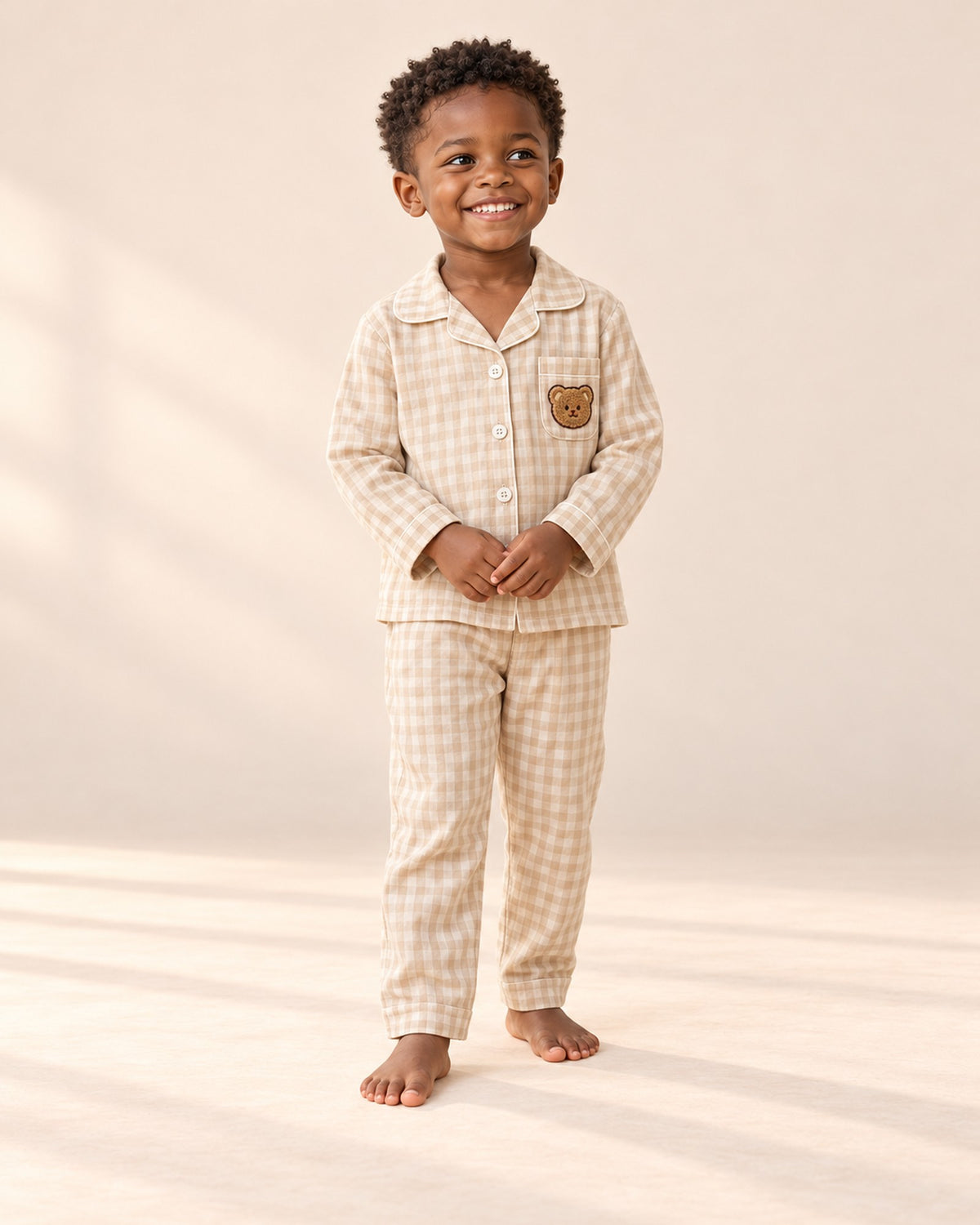 Gingham Teddy Patch Pajamas – full front view – Beige Gingham