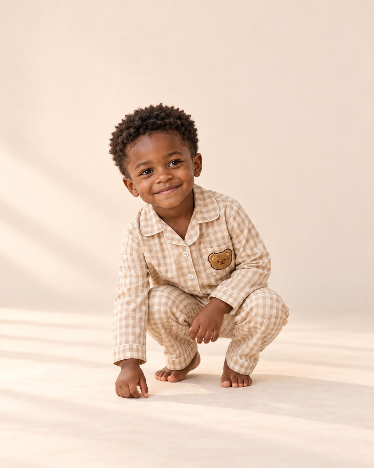 Gingham Teddy Patch Pajamas – natural pose – Beige Gingham