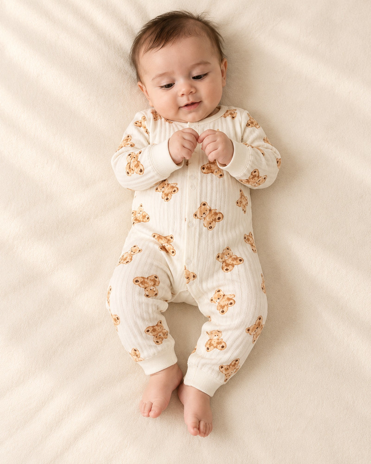 Flatlay of the cream newborn gift box with teddy bear print rompers, bib, hat, mittens and booties – Cream