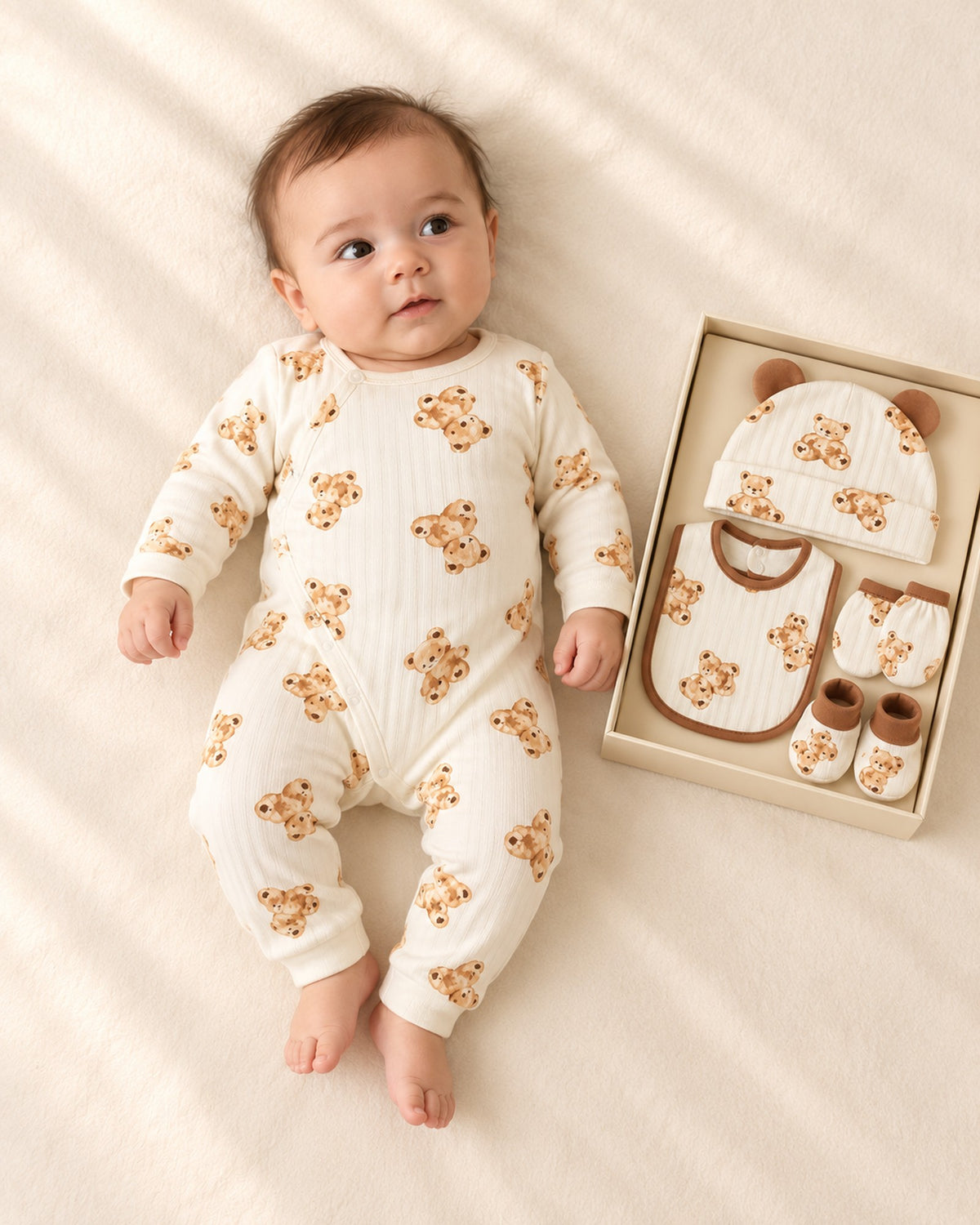 Front view of a baby in the cream teddy bear romper from the set, holding a brown bear lovey – Cream