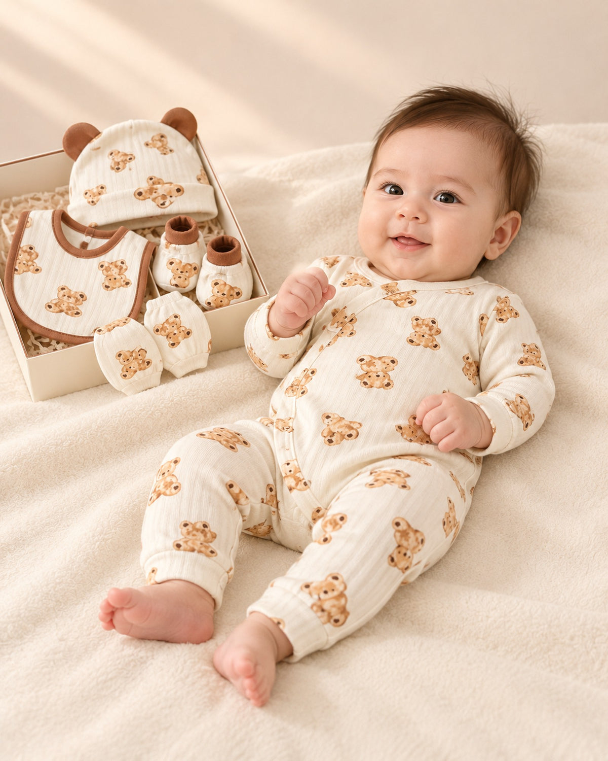 Side view of the baby in the bear print romper showing the brown trim at the cuffs – Cream