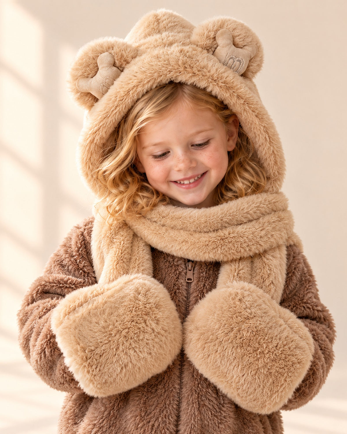 Head-and-shoulders view of the camel hood scarf with ears, scarf ends hanging in front – Camel