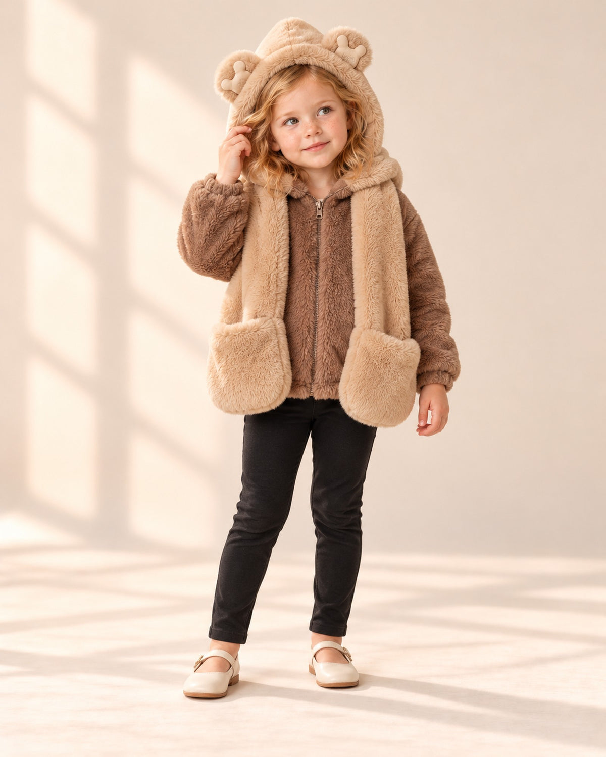 Front view of a girl in the camel hood scarf and a brown faux fur bear ear jacket, full length – Camel