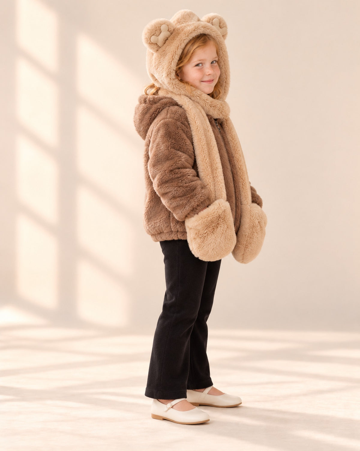 Side view showing the ears on the hood and the long scarf ends – Camel