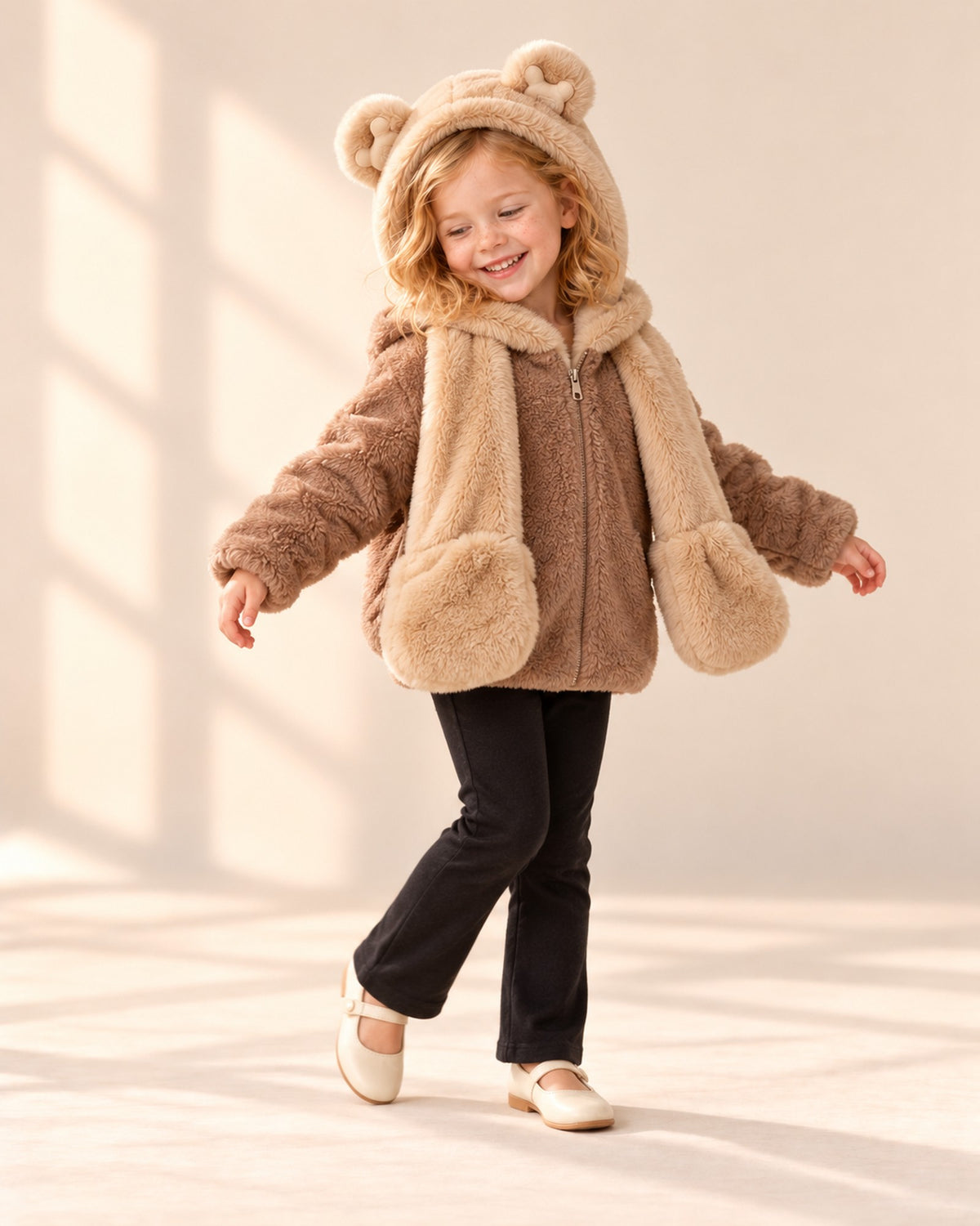 Girl with her hands tucked in the mitten pockets of the camel hood scarf – Camel