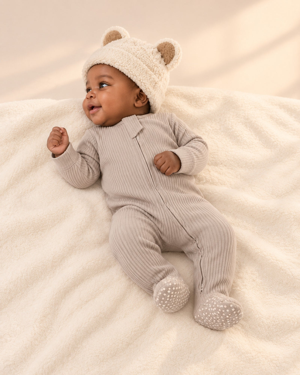 Side view of the beanie showing the round ear and folded cuff – Cream