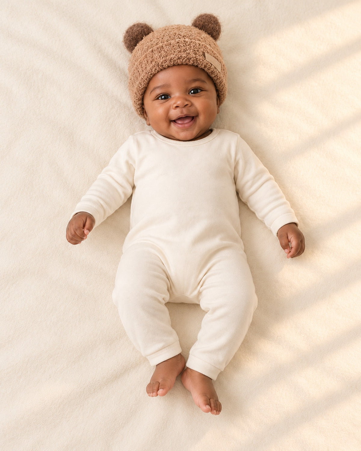 Ellie Bear Ear Teddy Beanie in Khaki – full front view