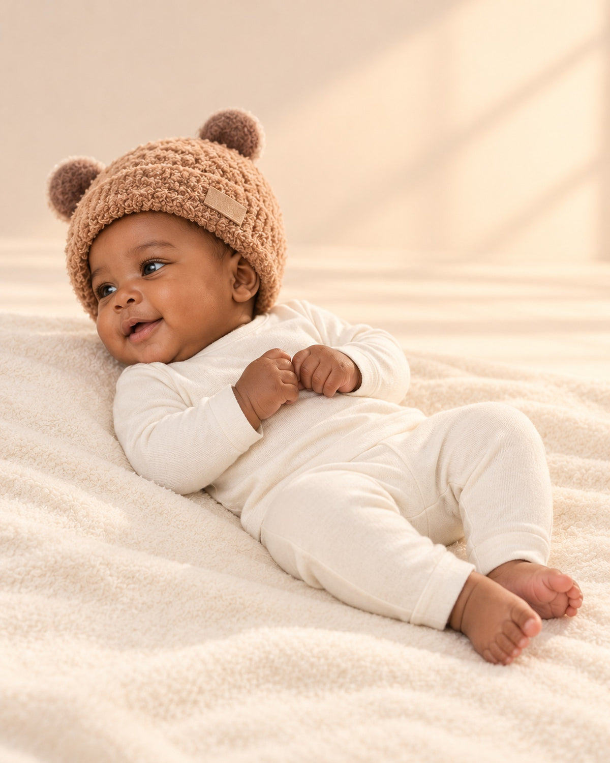 Ellie Bear Ear Teddy Beanie in Khaki – side view