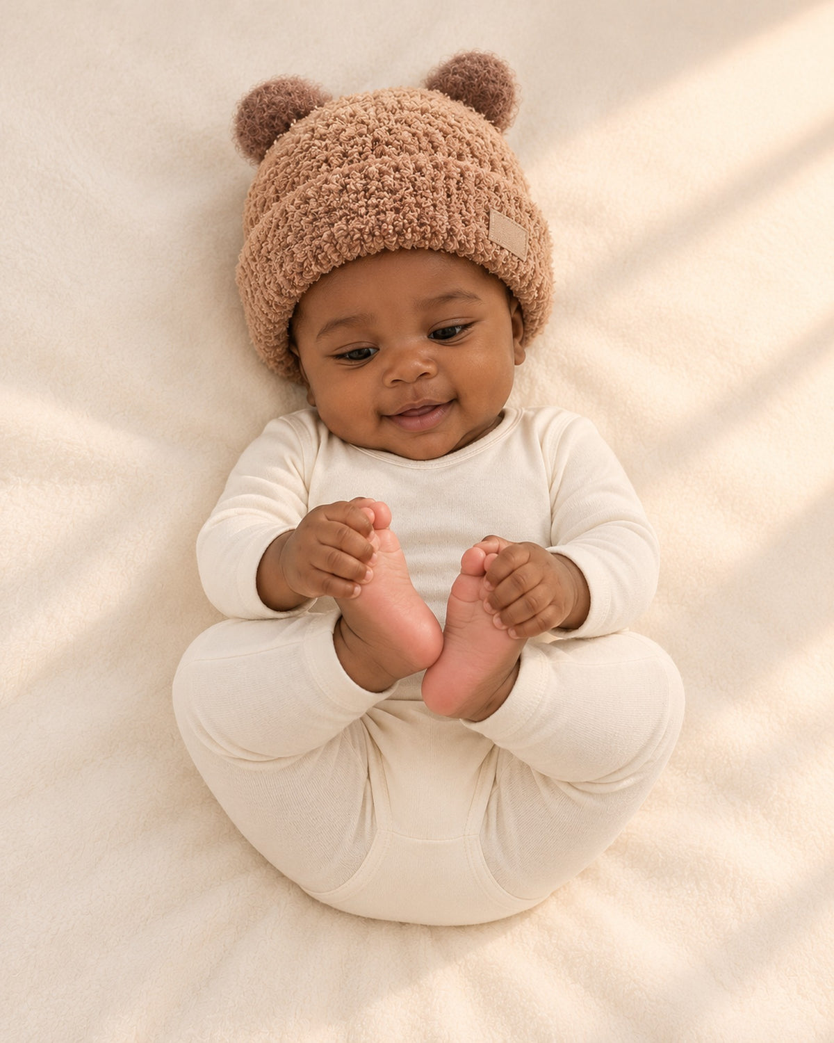 Ellie Bear Ear Teddy Beanie in Khaki – natural pose