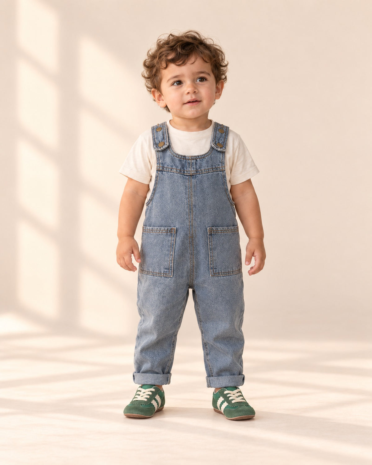 Front view of a toddler in vintage denim overalls, a cream top and green retro sneakers, full length – Green