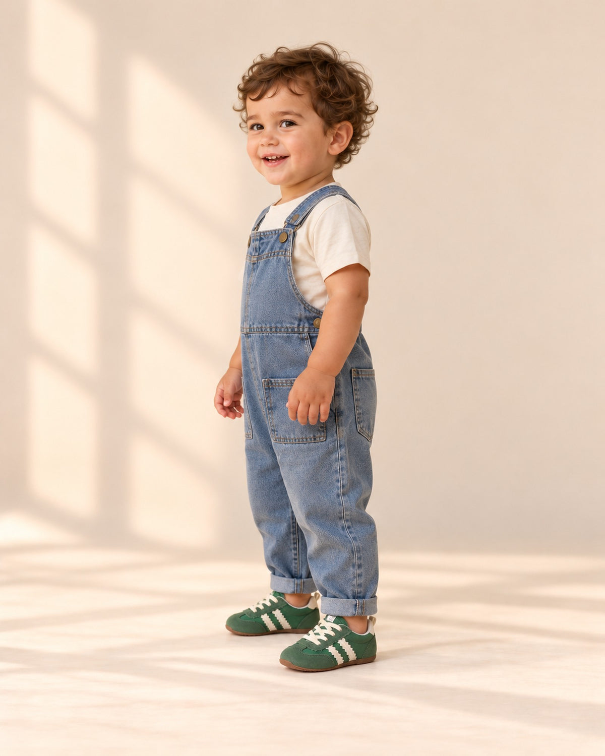 Side view of the green baby sneakers with cream stripes under denim overalls – Green
