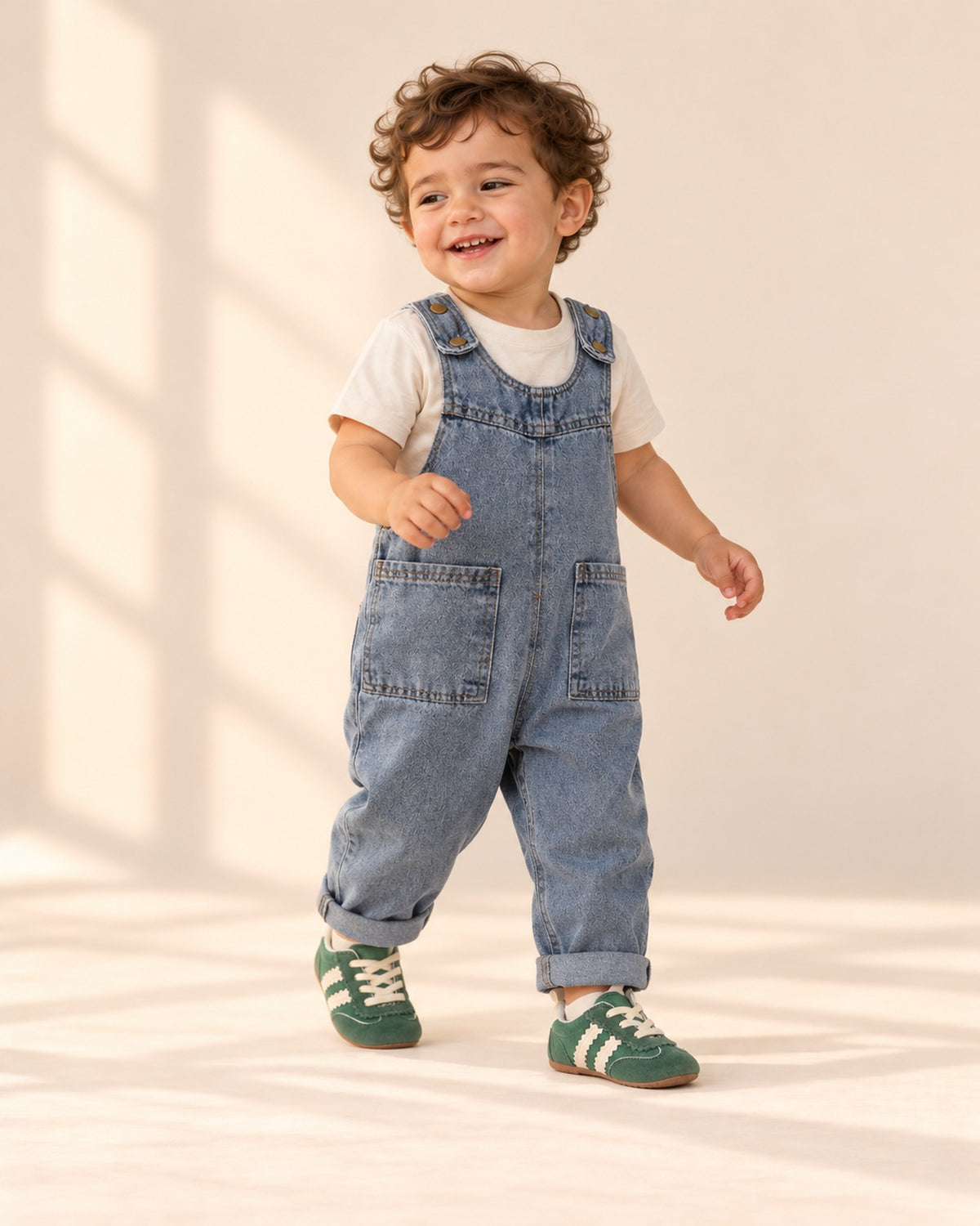 Toddler in denim overalls and the green retro sneakers, head to toe – Green