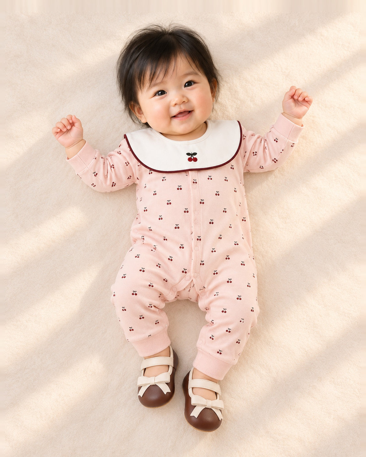 Front view of a baby in a cherry romper with bib collar and brown bow pre-walkers, full length – Brown