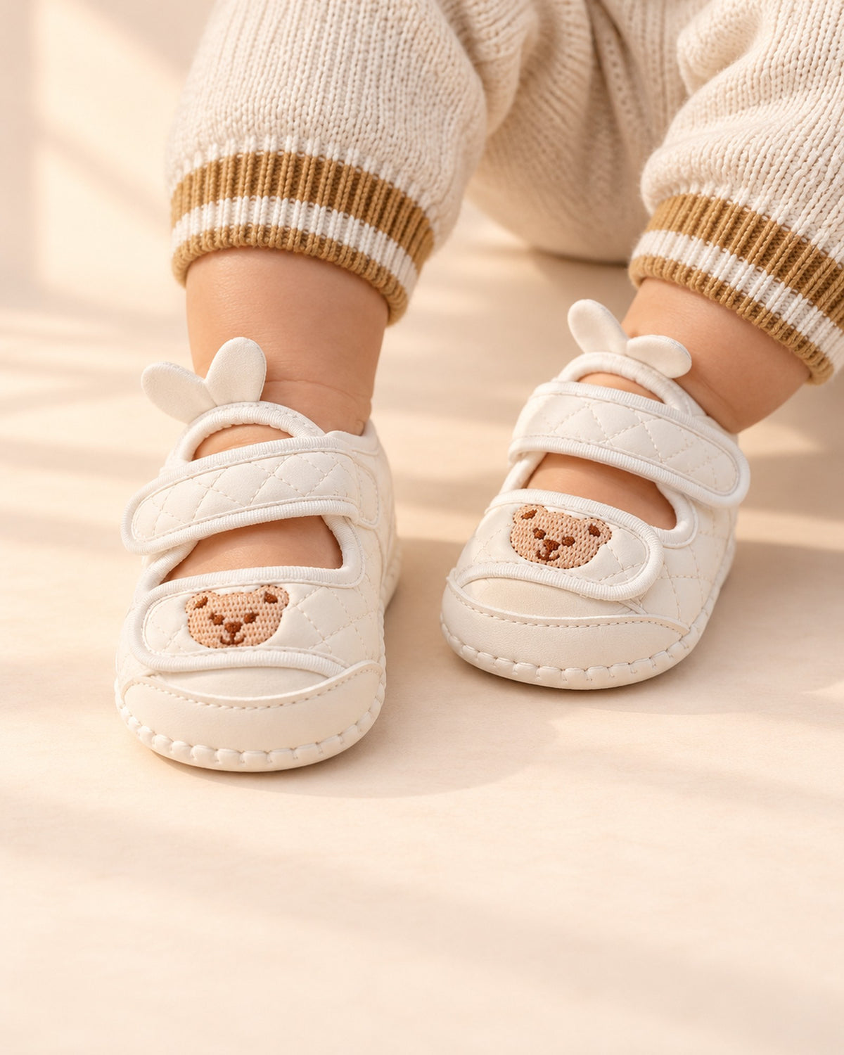 Close-up of white open-sided baby shoes with embroidered bear faces – White