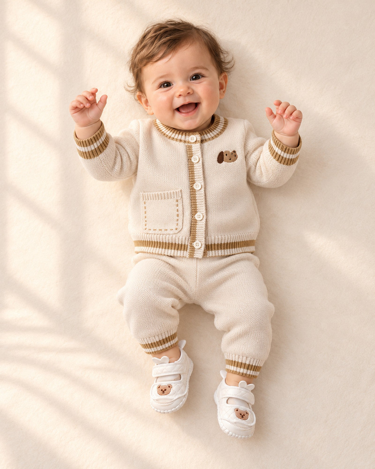 Front view of a baby in a striped trim knit cardigan set and white bear shoes, full length – White