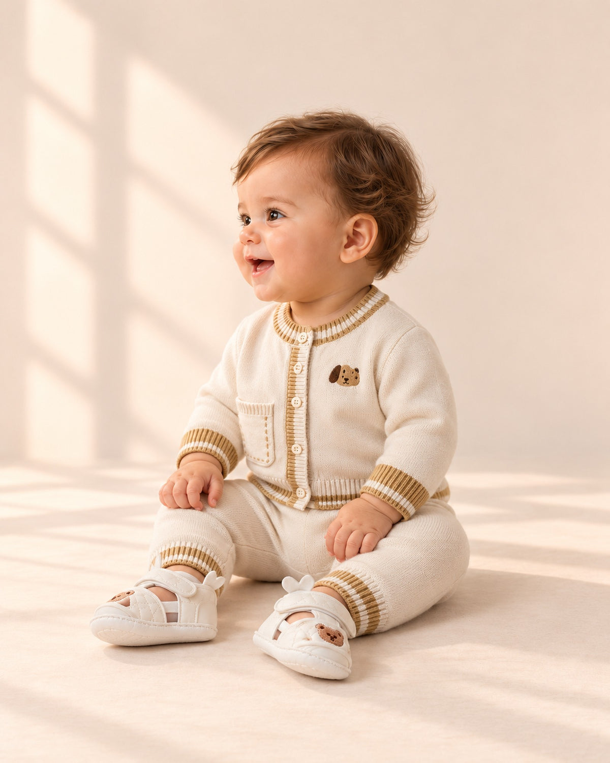 Side view of the white bear shoe showing the open side and bunny-ear heel loop – White