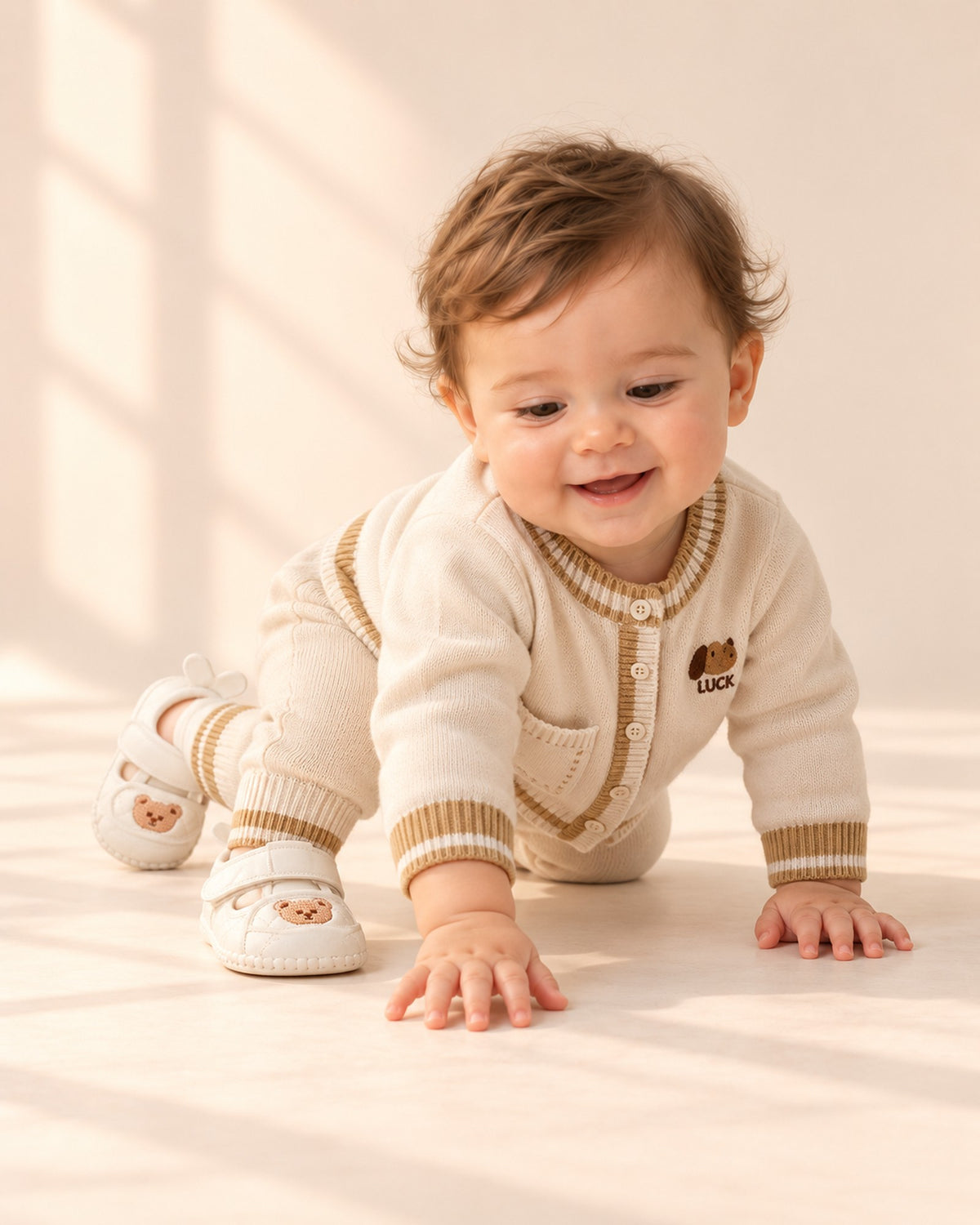 Baby in the knit cardigan set and white teddy shoes, head to toe – White