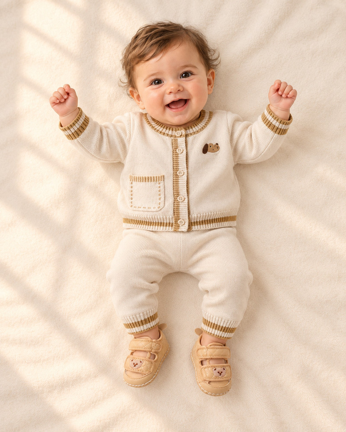 Bram Teddy Soft Sole Baby Shoes in Khaki – full front view
