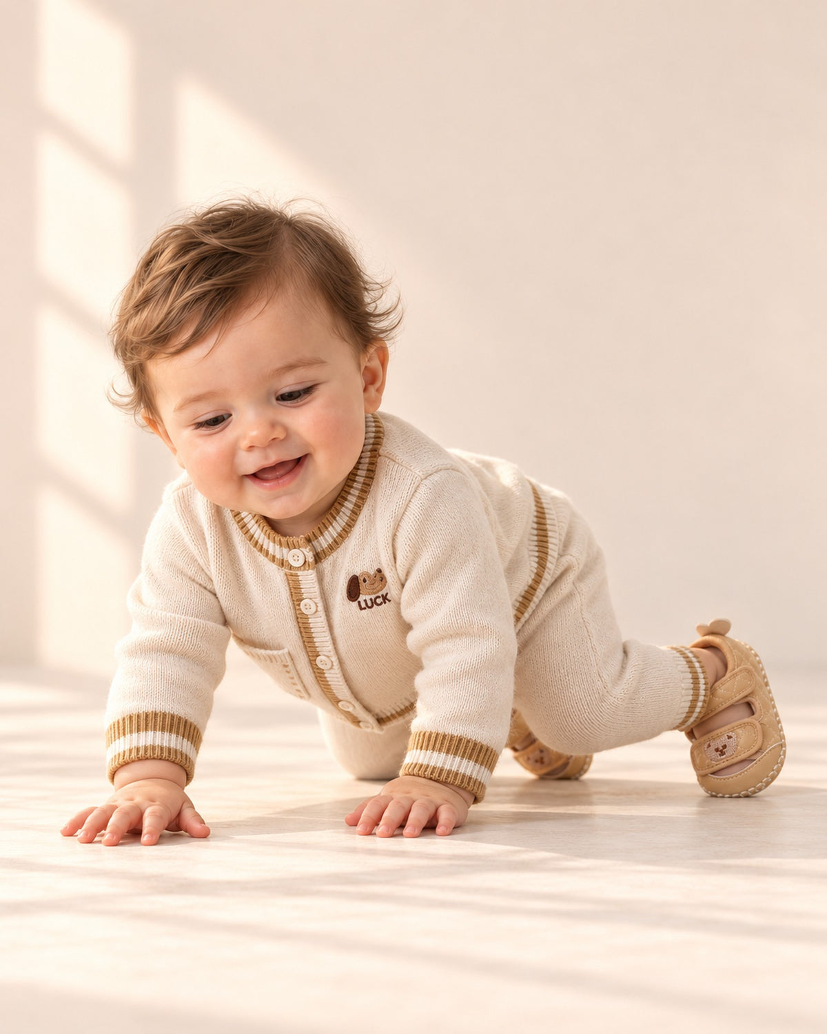 Bram Teddy Soft Sole Baby Shoes in Khaki – natural pose