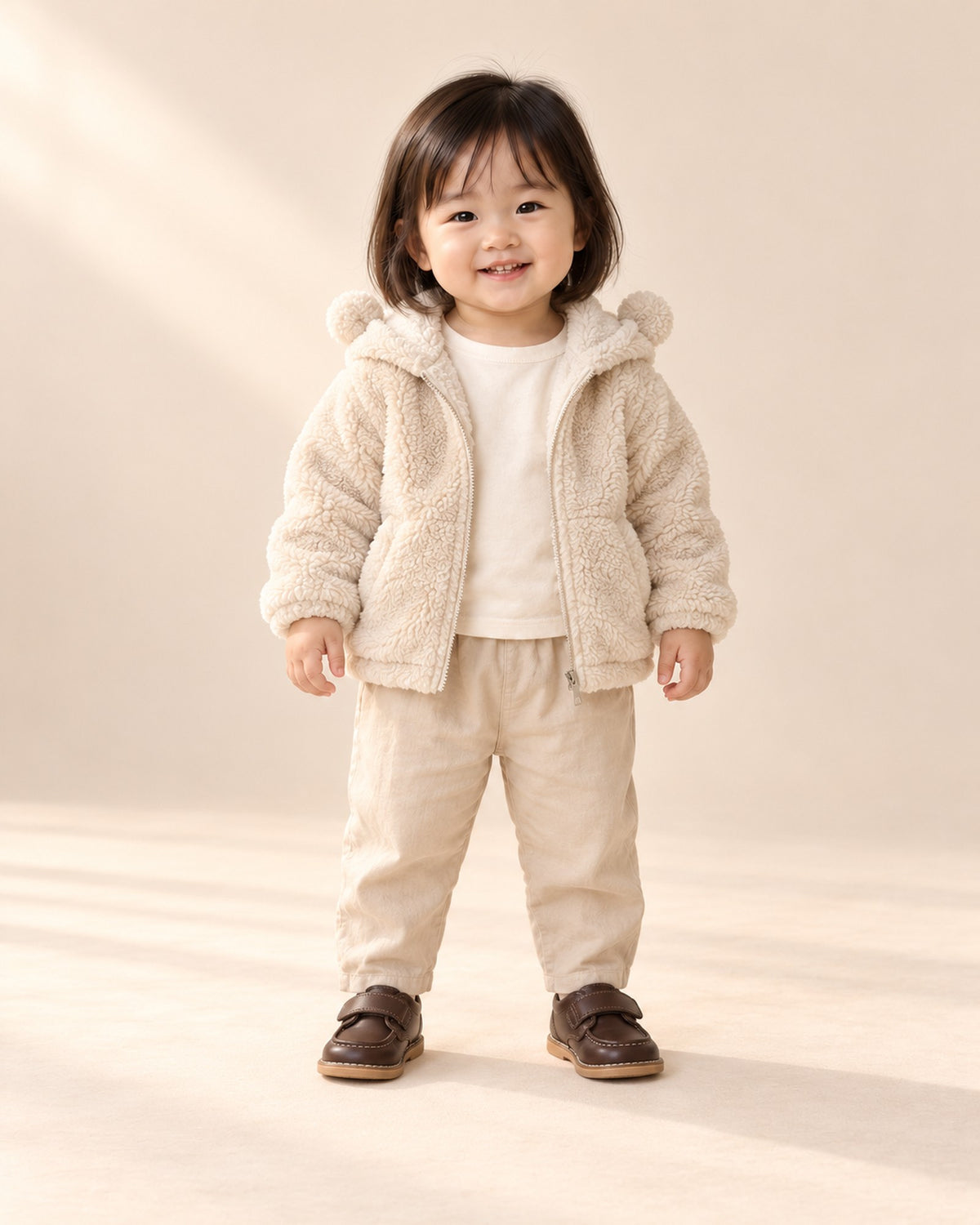 Front view of a toddler in a bear ear sherpa jacket, beige pants and brown leather-look shoes, full length – Brown
