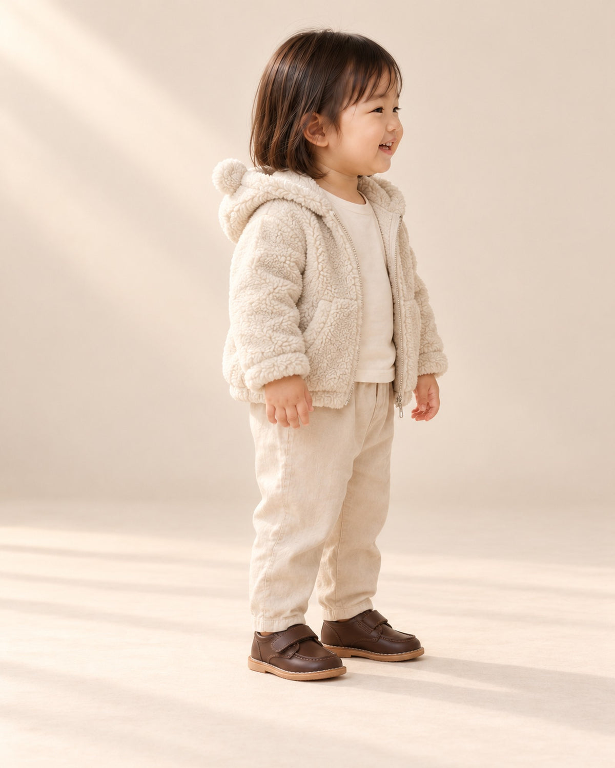 Side view of the brown toddler shoe with stitched toe under beige pants – Brown