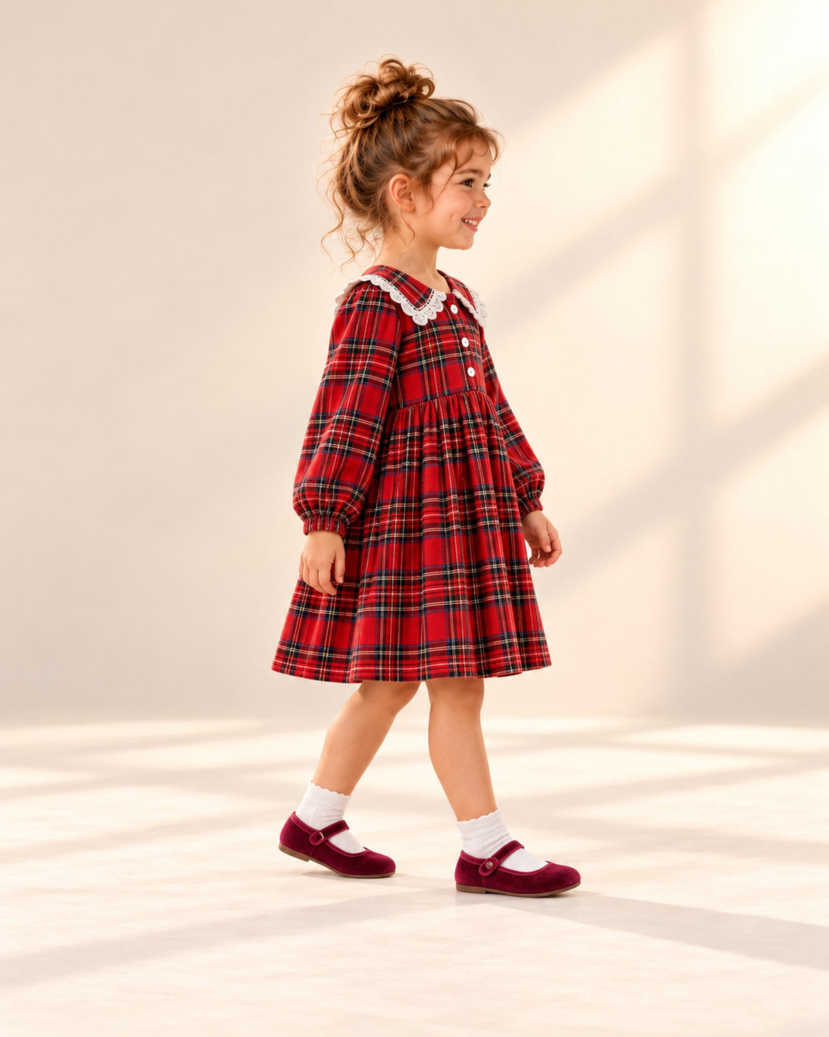 Side view showing the velvet shoe's round toe and flat sole – Burgundy