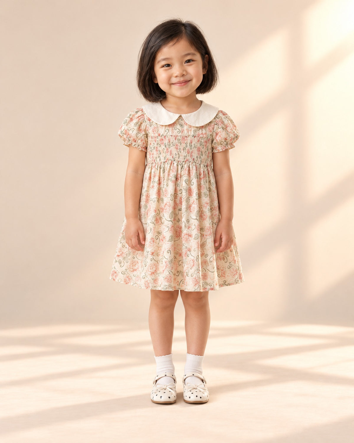 Front view of a girl in a floral smock dress, white ankle socks and polka dot Mary Janes, full length – Cream Dot