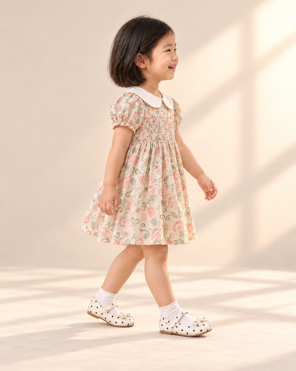 Side view of the cream polka dot Mary Jane with its cord bow – Cream Dot