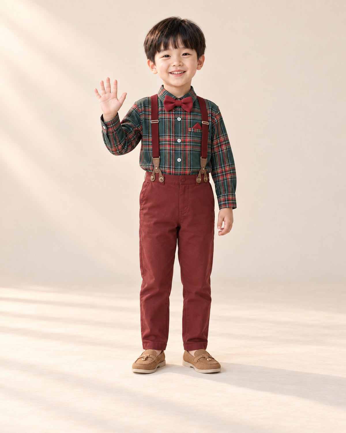 Front view of a boy in a tartan shirt, suspenders and tan loafers, full length – Tan