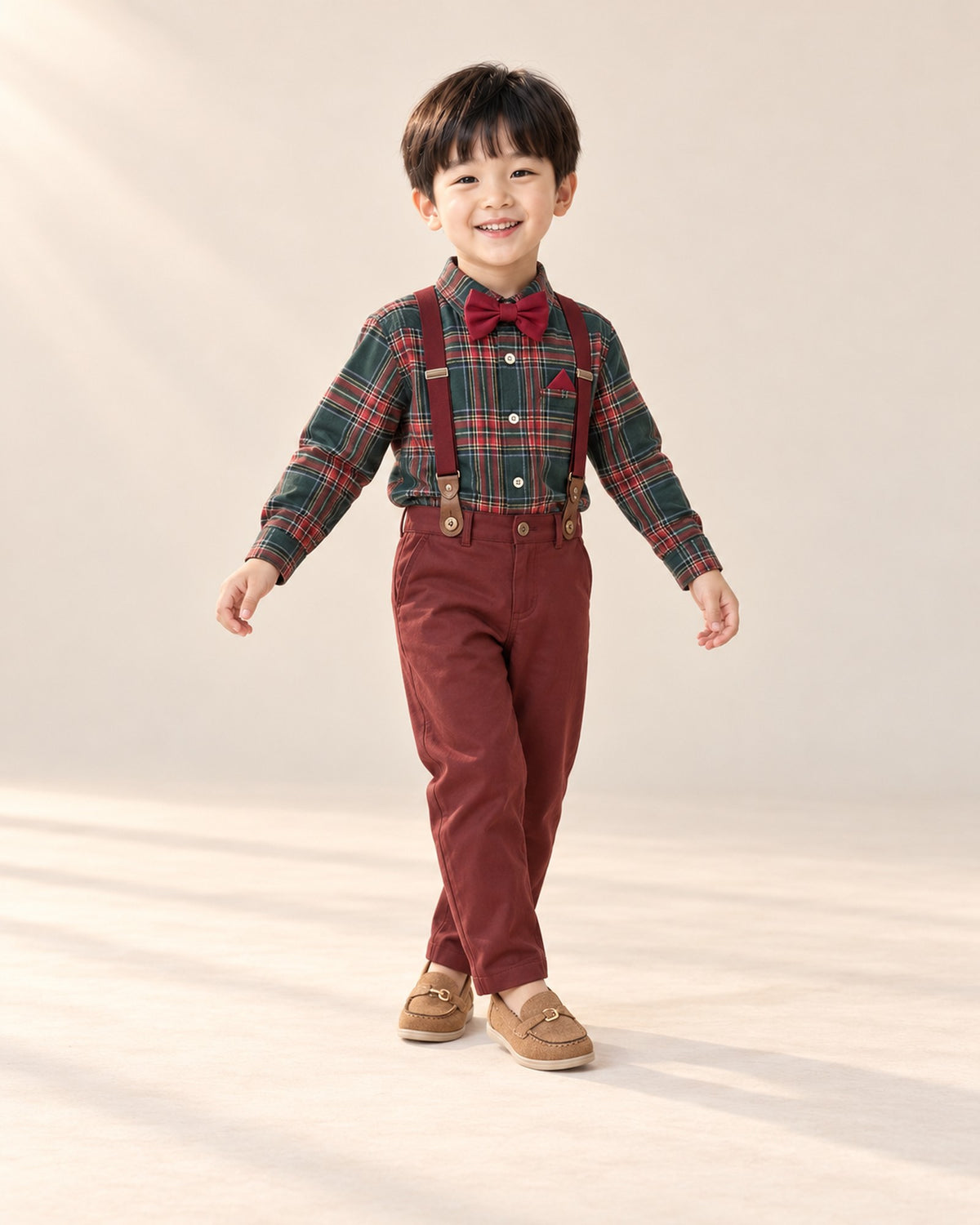 Boy sitting on a step in his holiday outfit and tan loafers – Tan