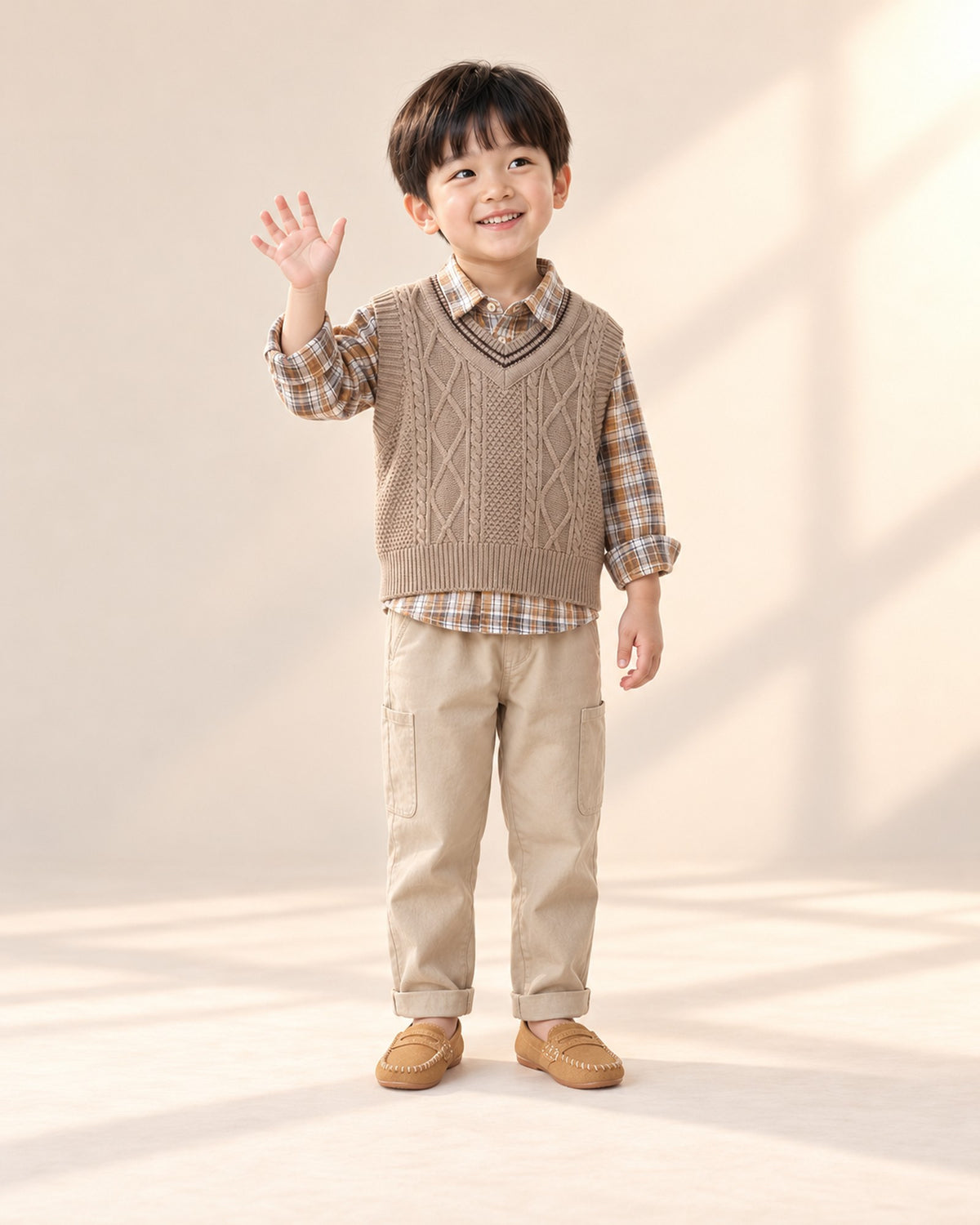 Front view of a boy in a cable vest and check shirt set with tan suede loafers, full length – Tan