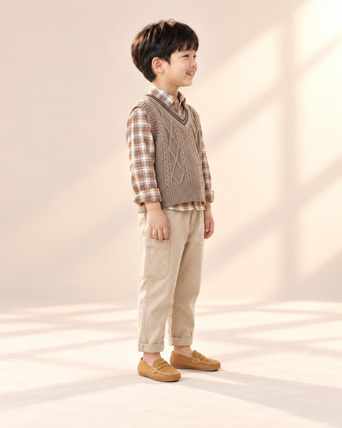 Side view of the tan slip-on loafer with stitched toe – Tan